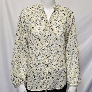 NWT Max Studio Floral Ruffle Back Blouse Cream Blue Yellow S
